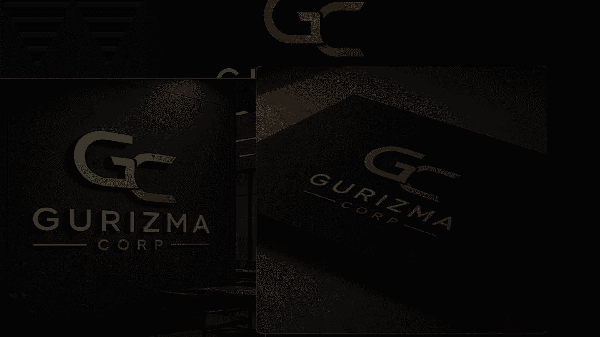 Aplicações visuais da marca Gurizma Corp em parede e material impresso.